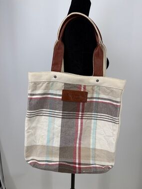 Y2K style Abercrombie & Fitch Cream Plaid Canvas Tote with Brown Leather Handles